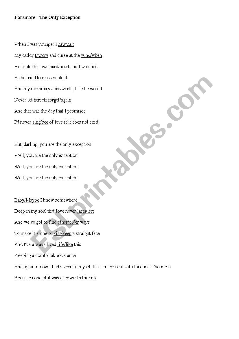 Music Worksheet - Paramore - The Only Exception