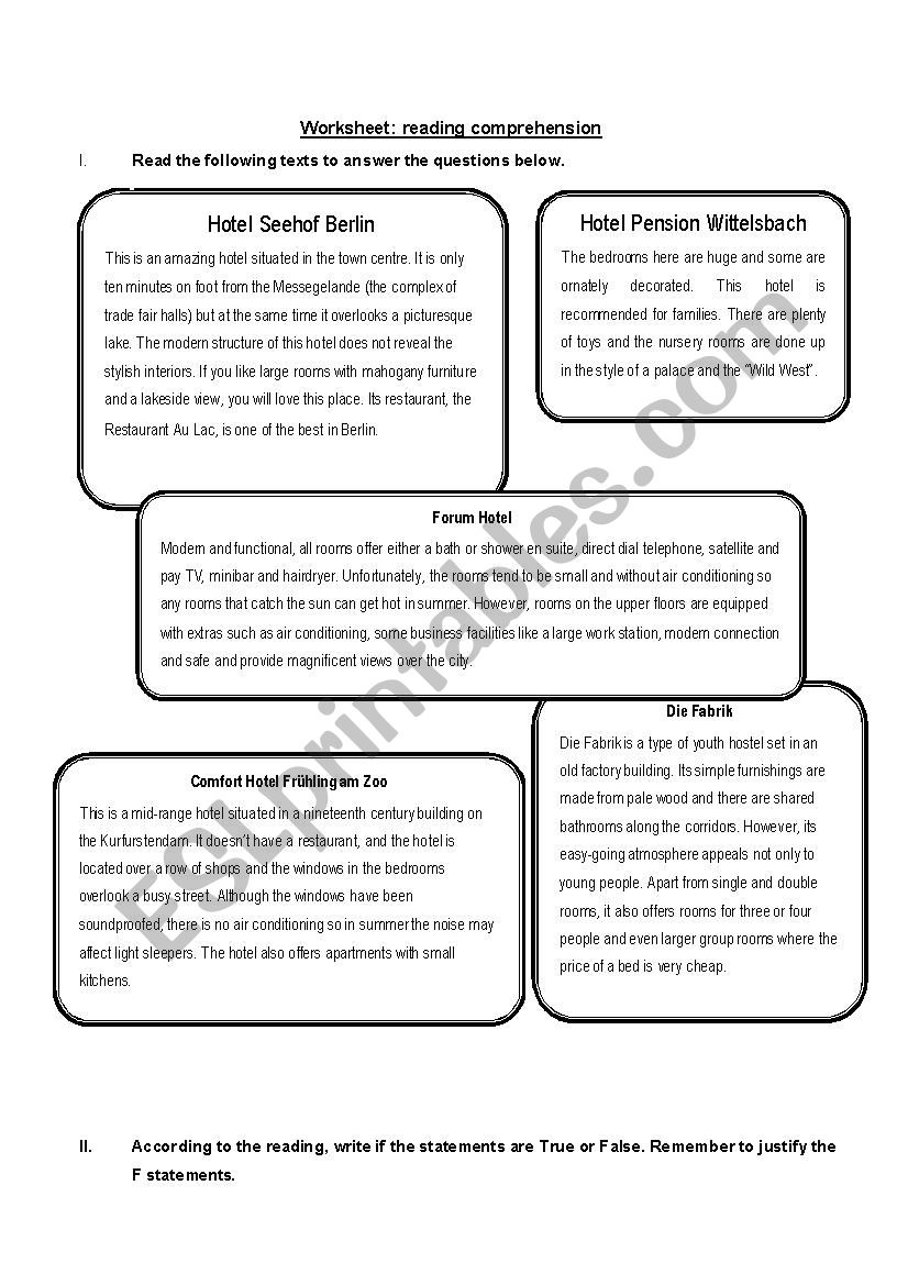 HOTEL reading comprension worksheet