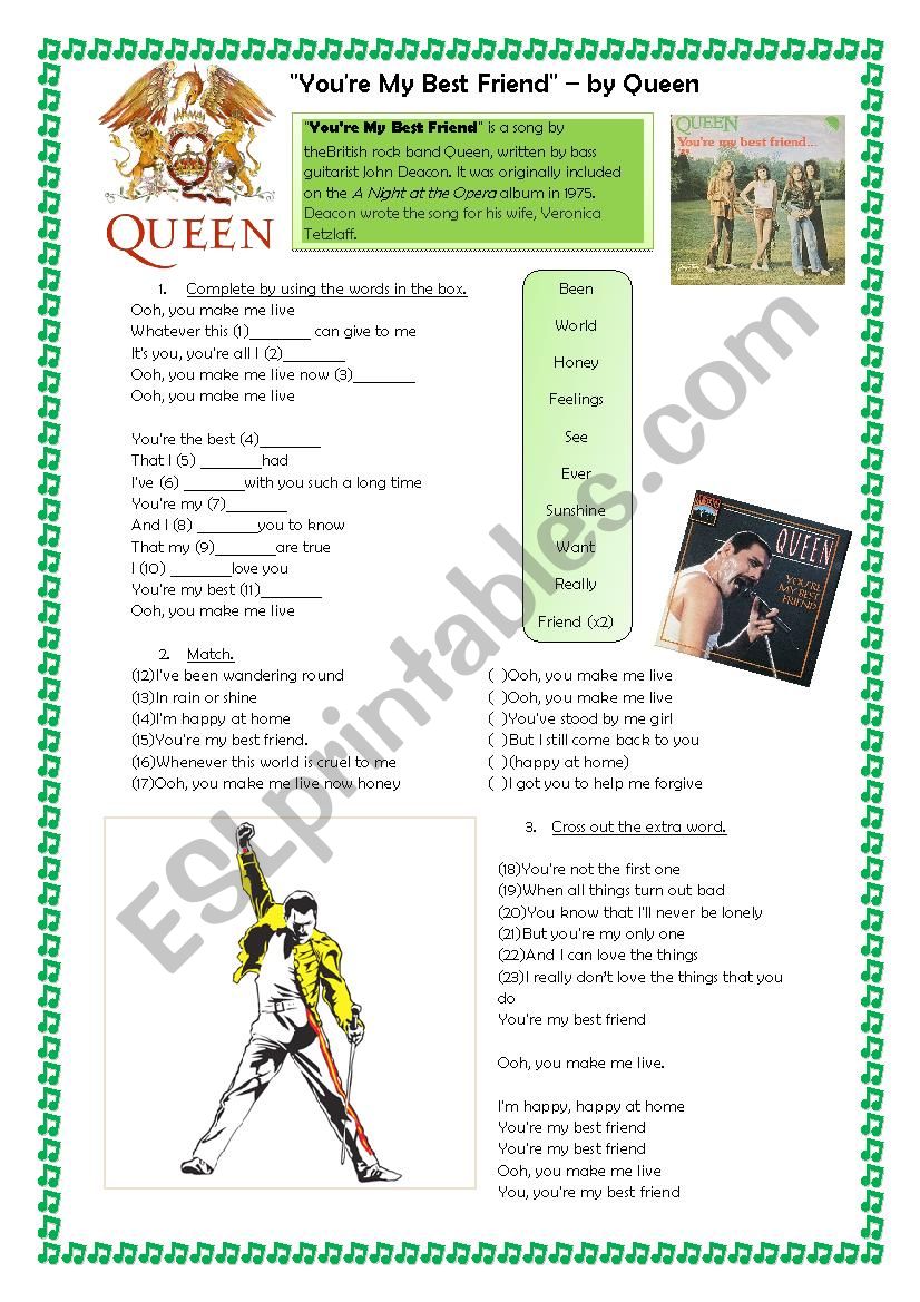 You´re My Best Friend (Queen) - Song - ESL worksheet by JesicaR