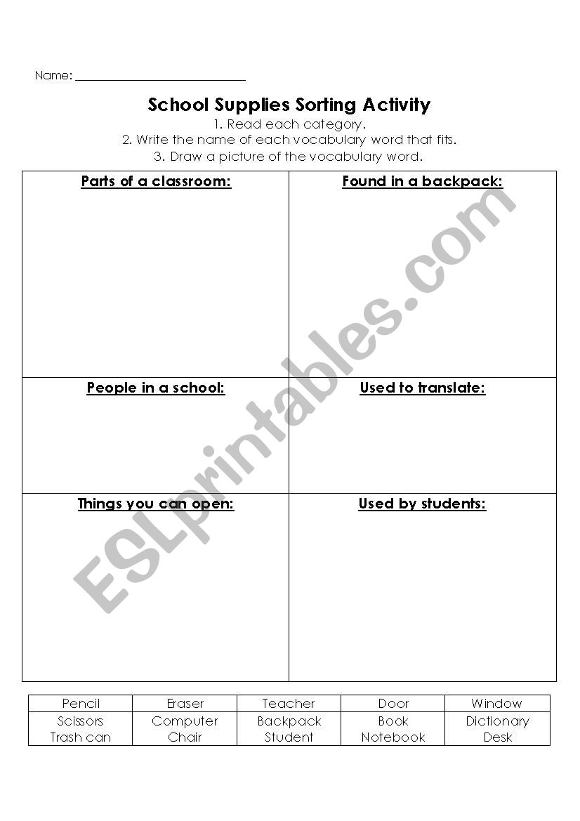 School Supplies Vocabulary Sort