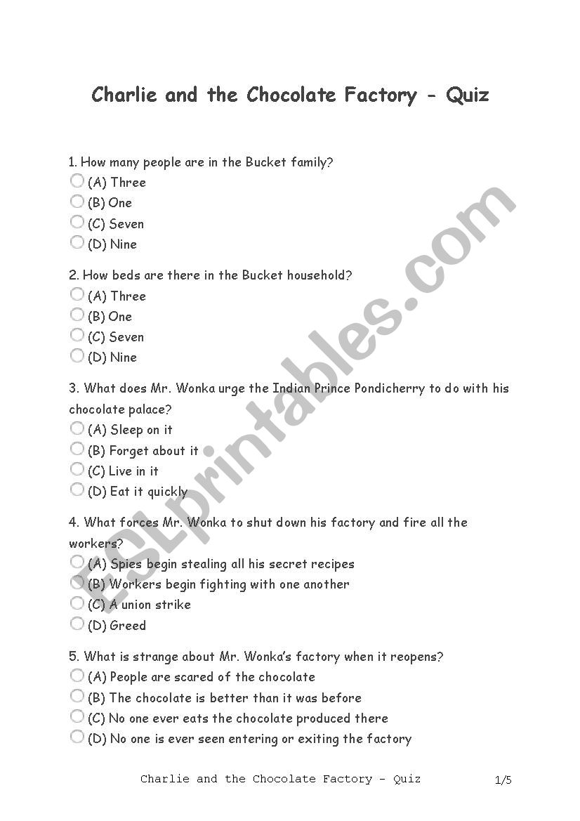 Charlie And The Chocolate Factory Quiz Esl Worksheet By Serge Garde