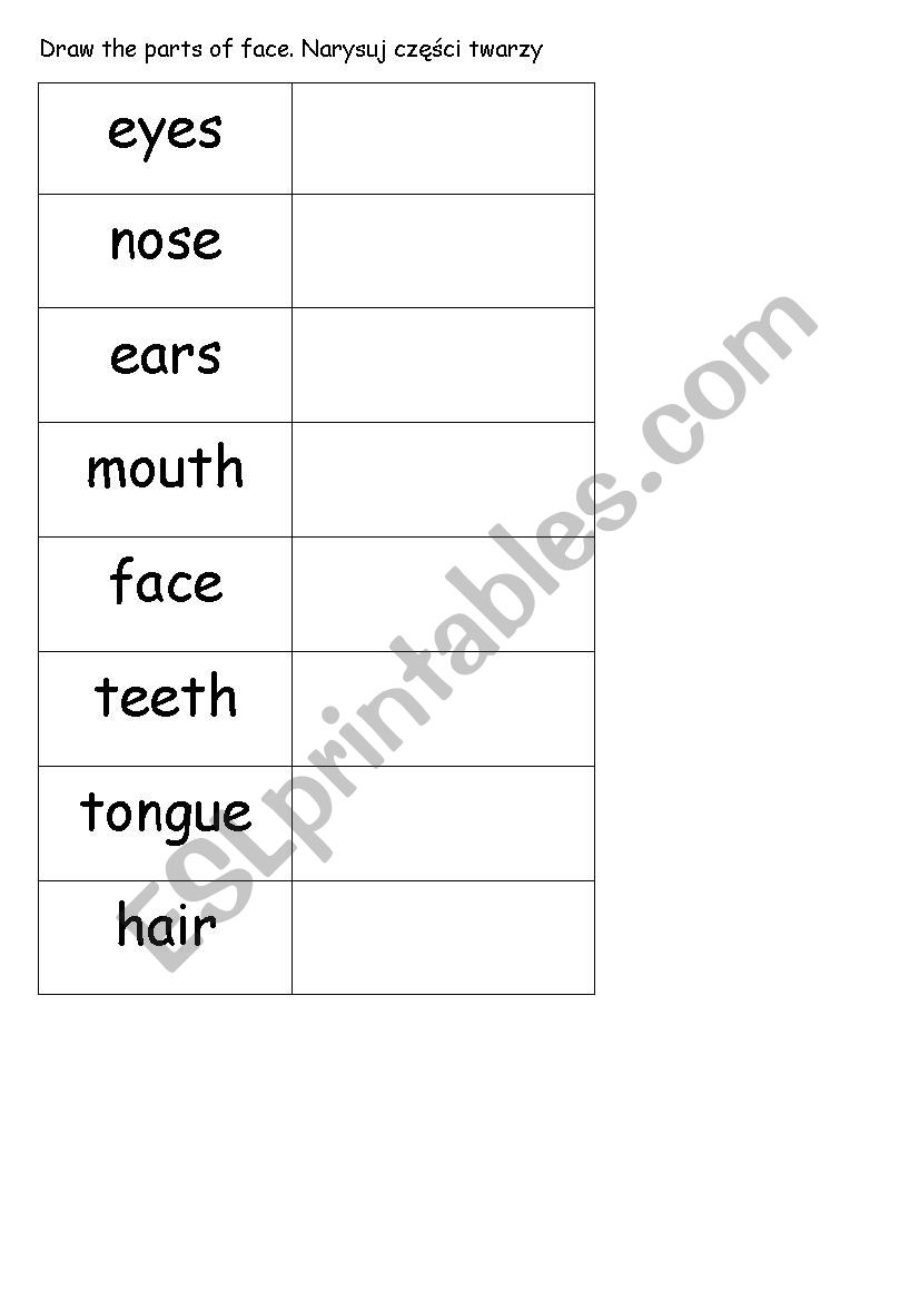 Drawing the parts of face - ESL worksheet by joana89