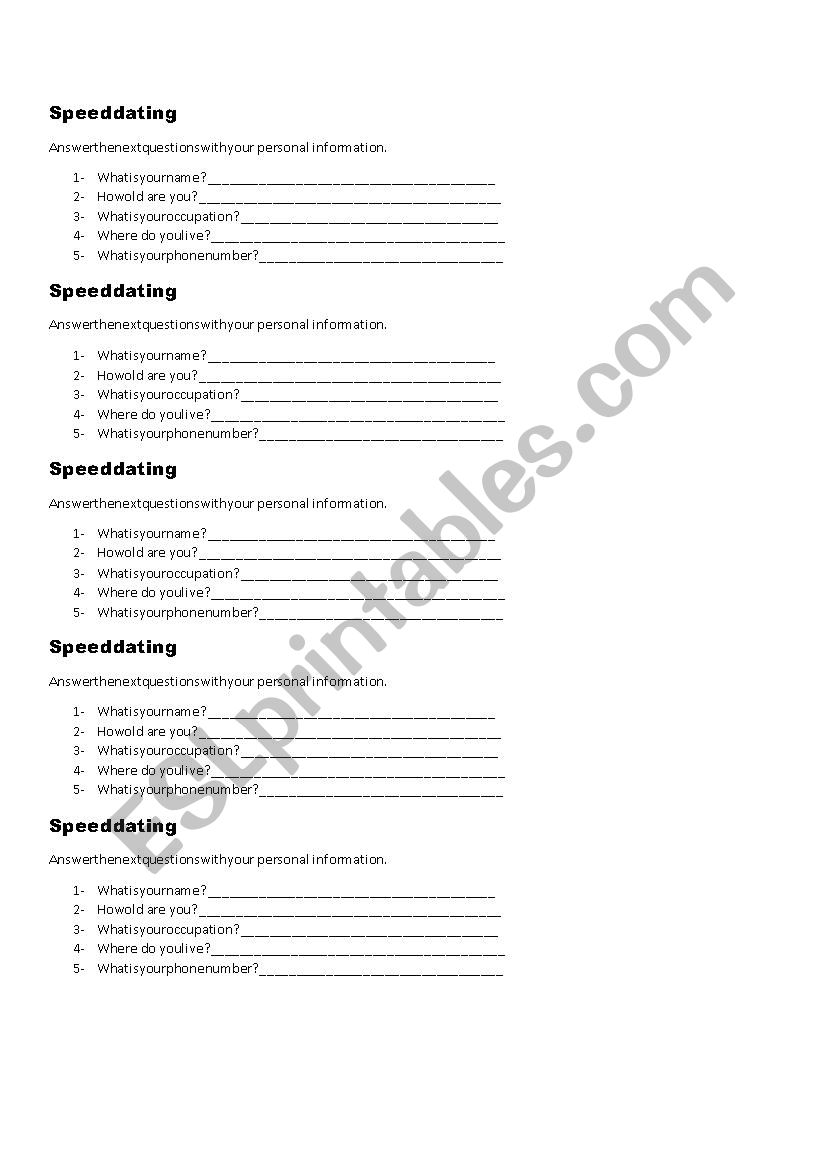 Speed dating  worksheet