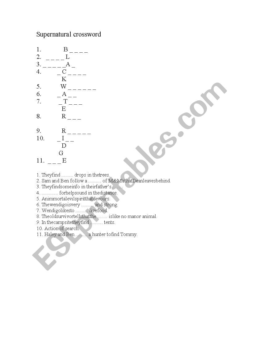 supernatural crosswords worksheet