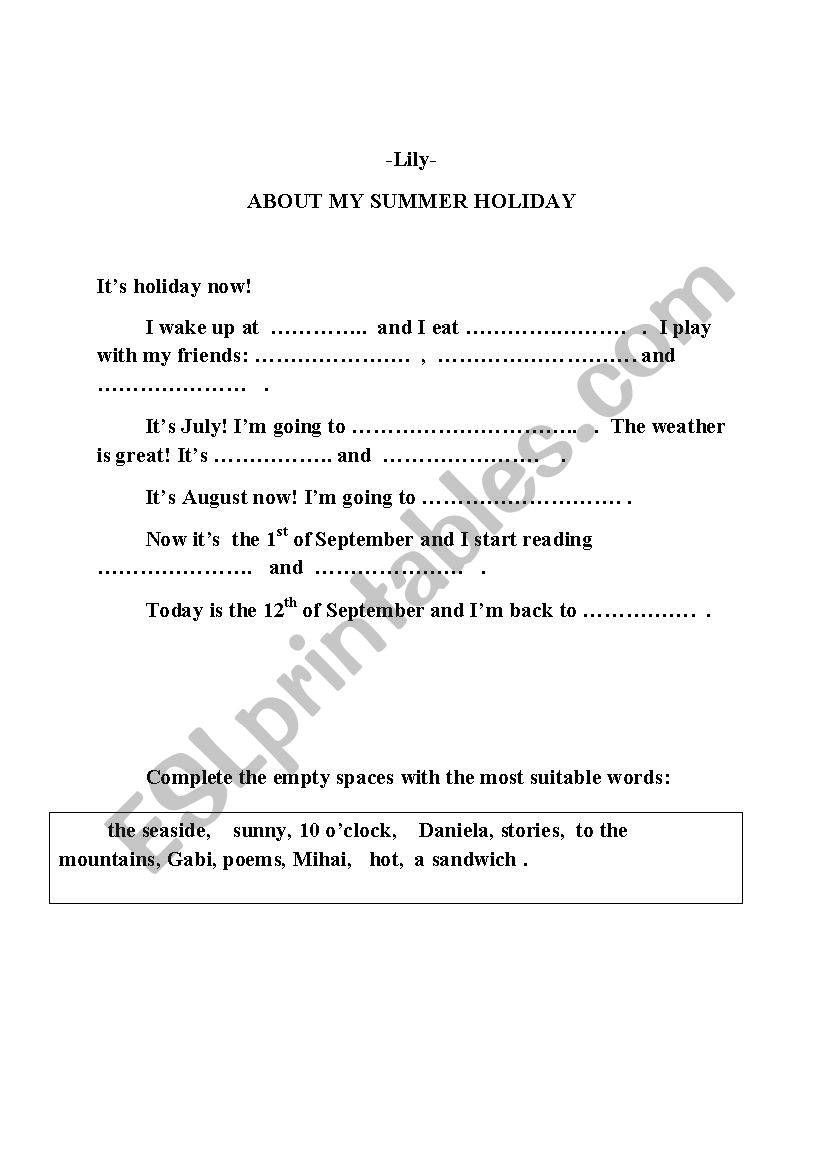About my summer holiday worksheet