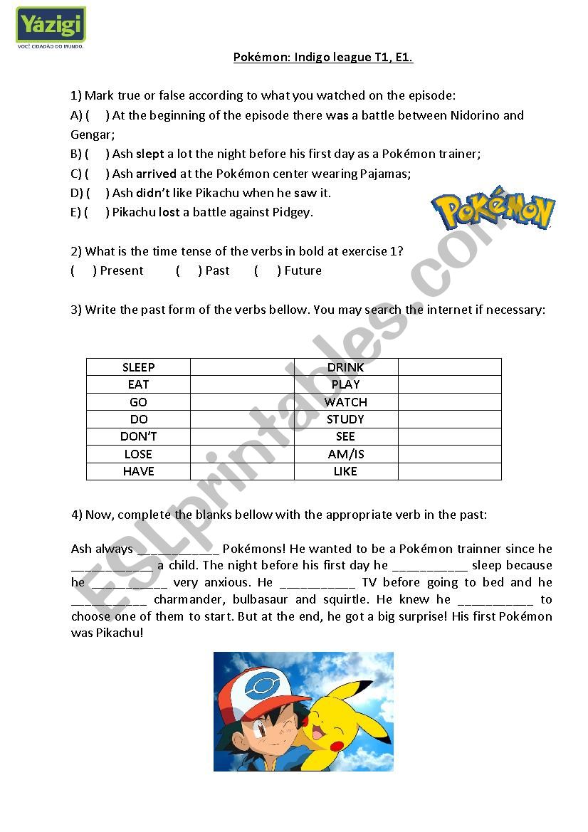 Simple past activity based on Pokémon 1st episode - ESL worksheet by ...