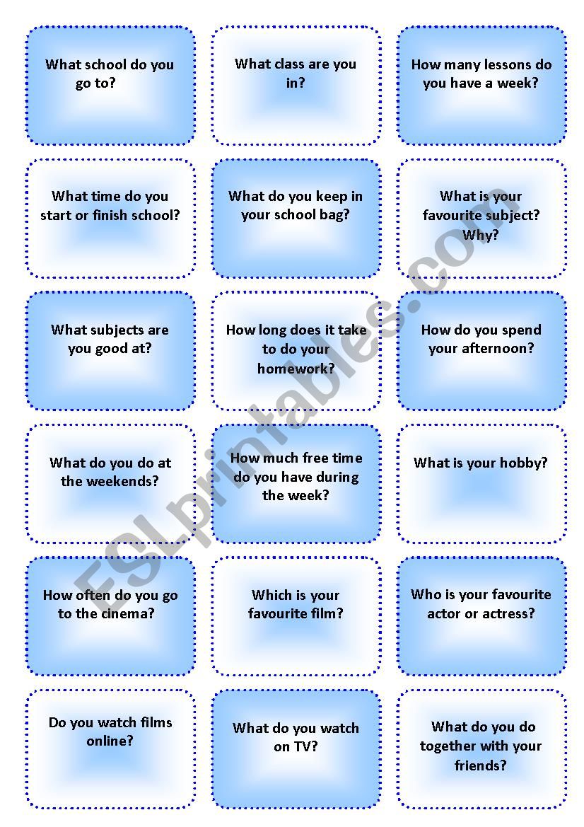 Question cards about school and hobbies - ESL worksheet by Fishie83
