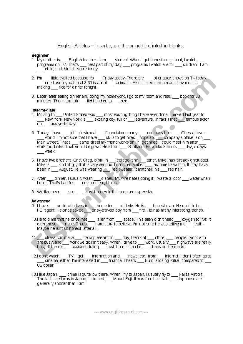 articles worksheet