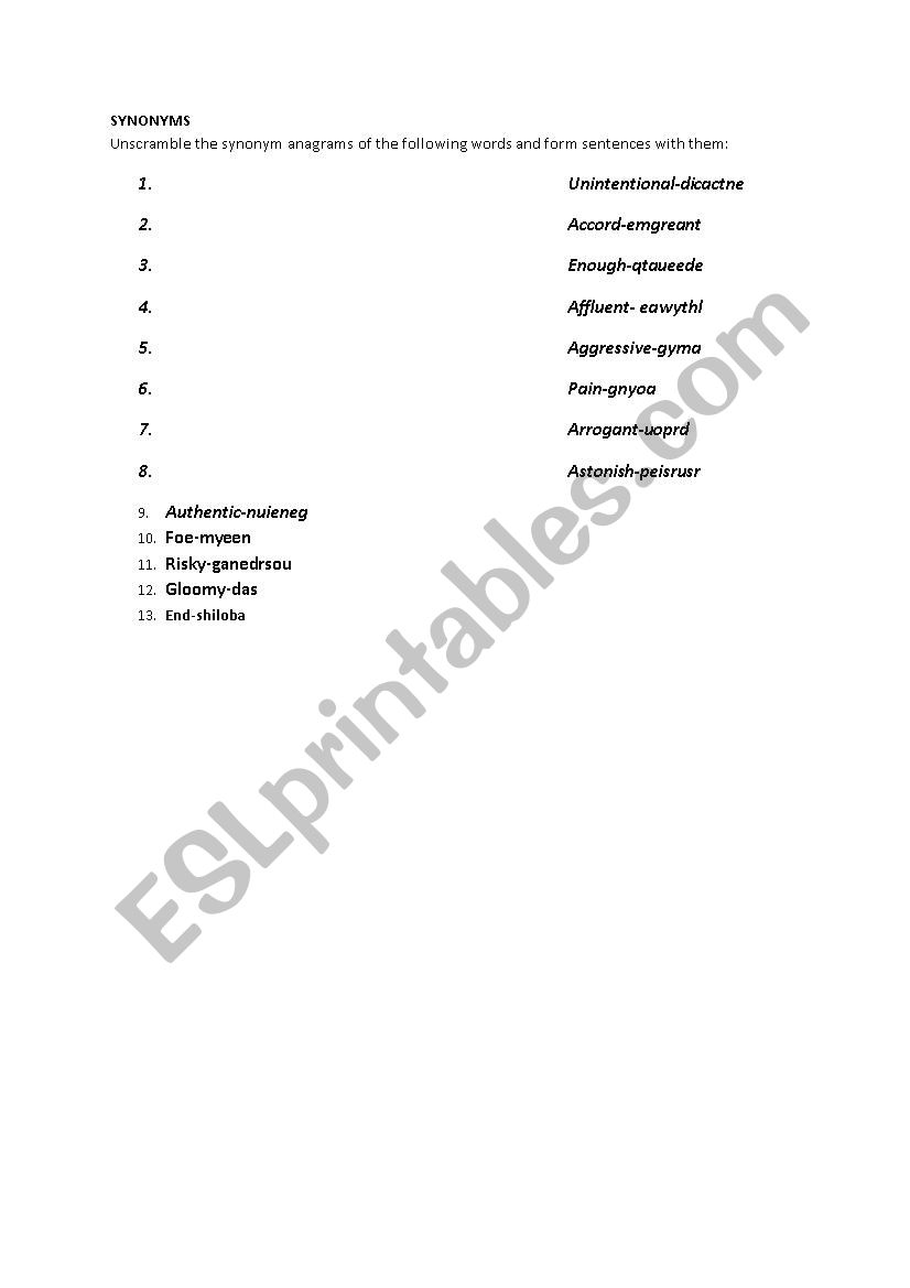 synonym exercise worksheet