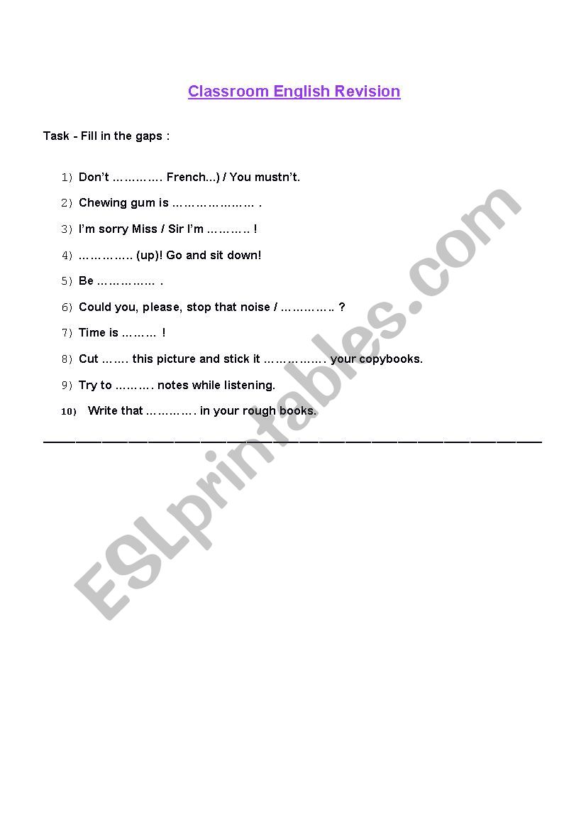 Classroom Engis Revision worksheet