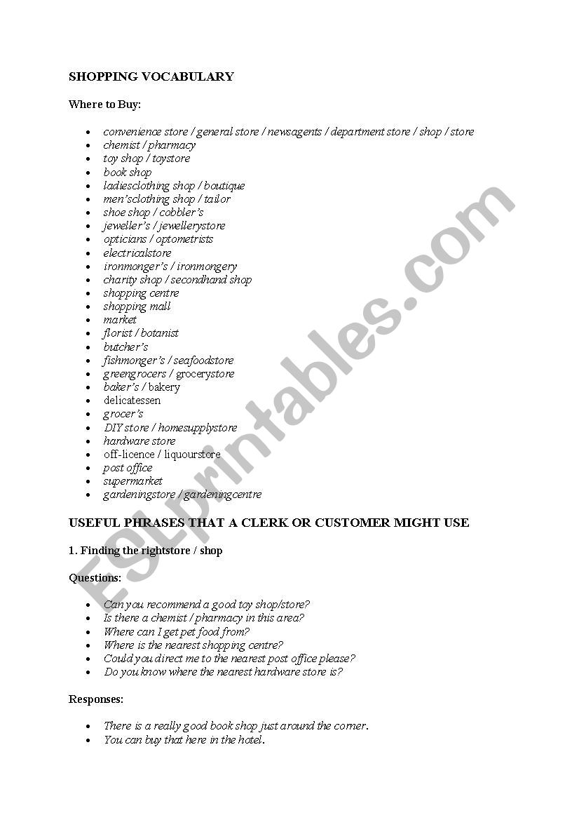 Useful phrases shopping worksheet