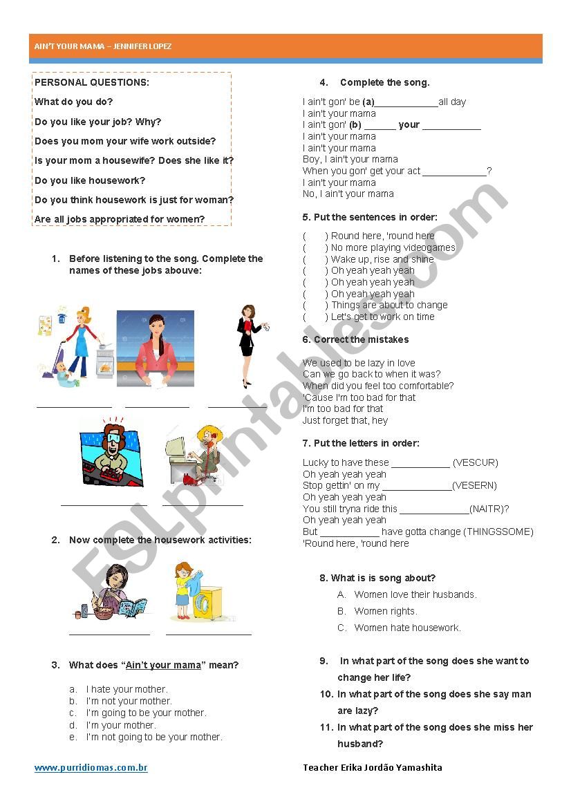 Aint your mama worksheet