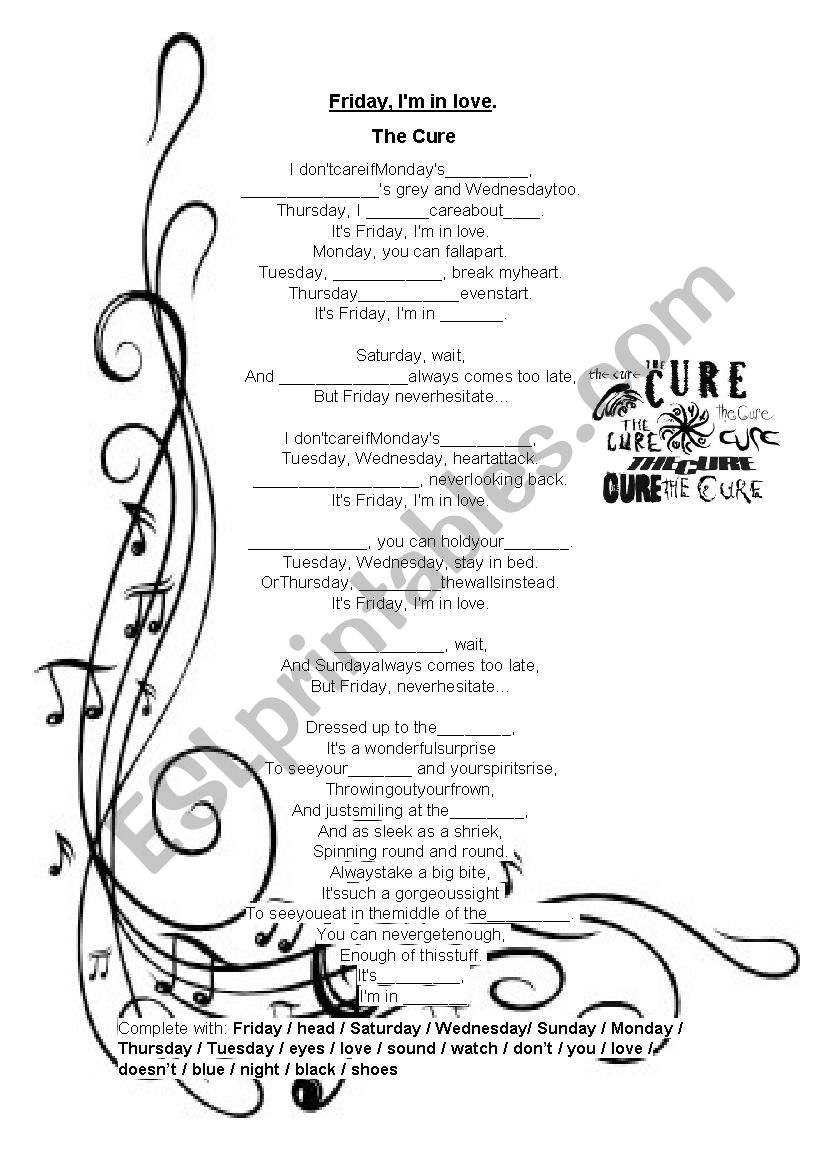 Songs for days of the week worksheet