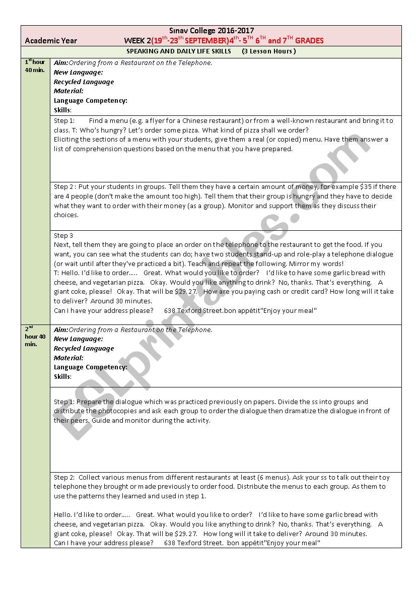 food ordering lesson plan worksheet