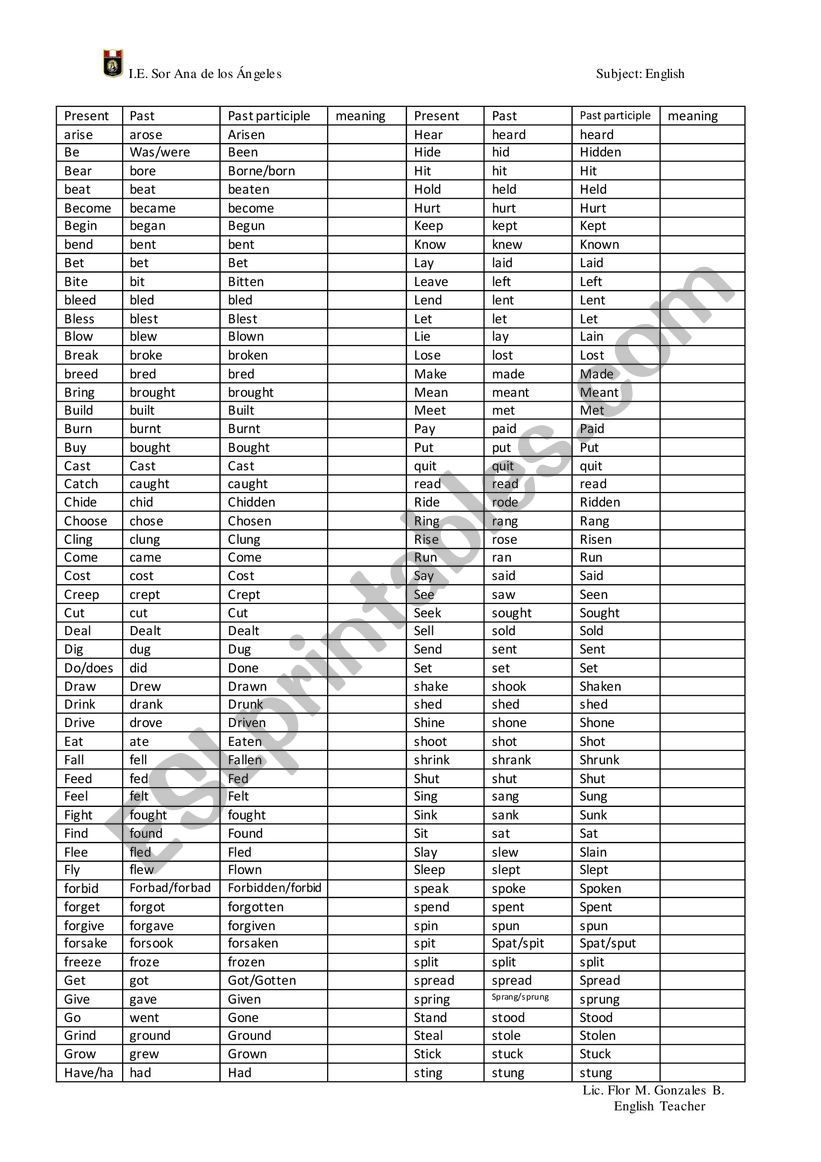 Table of irregular and regular verbs