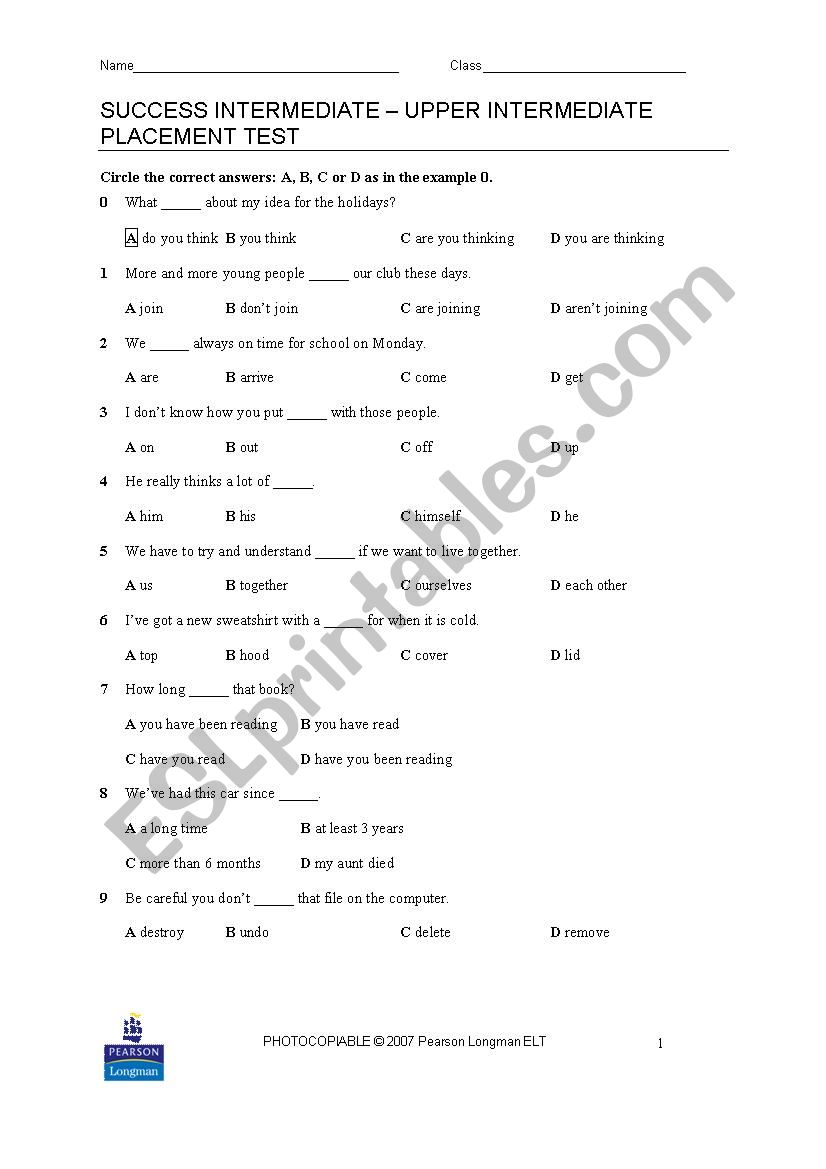 level exam worksheet