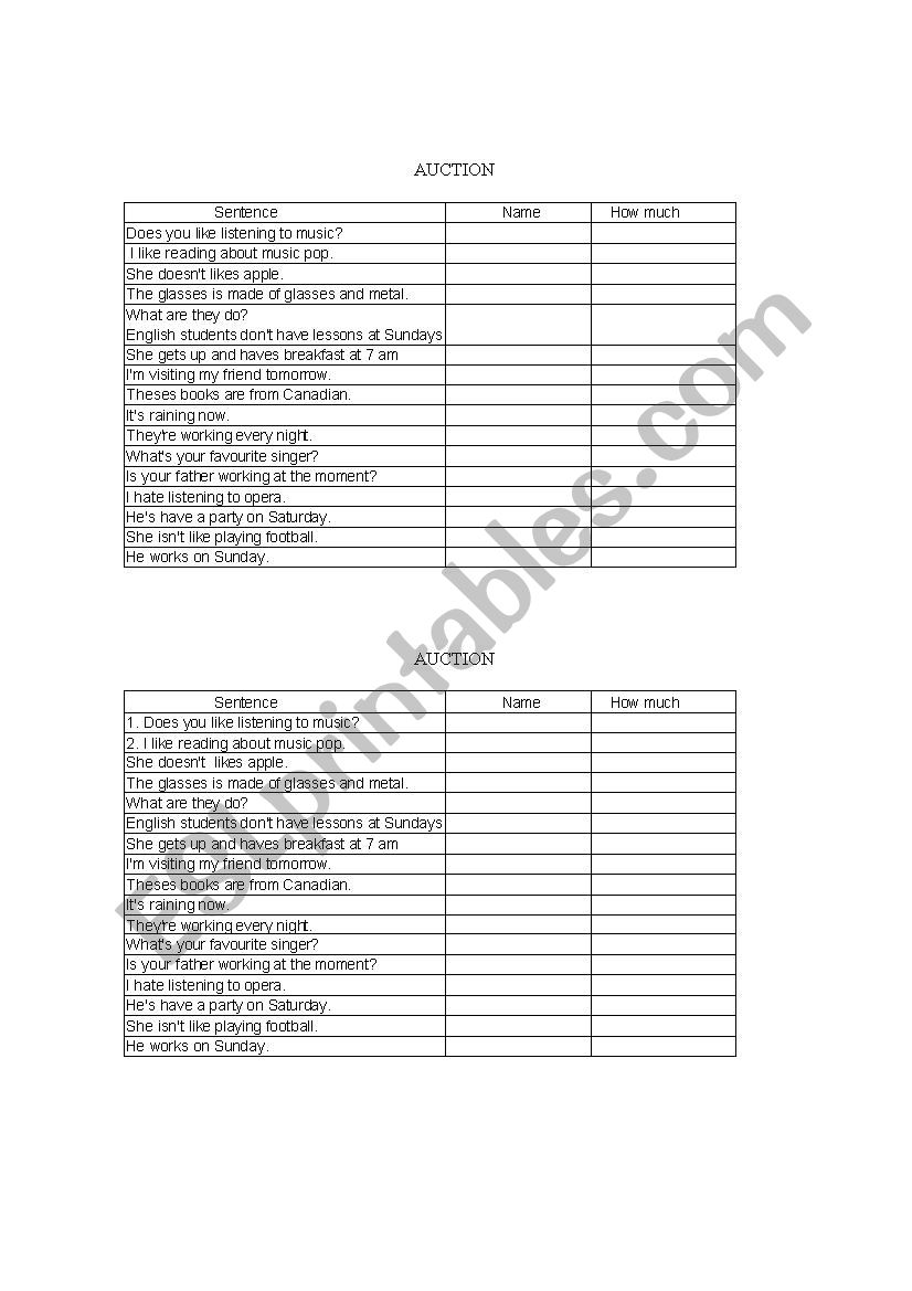 Auction worksheet