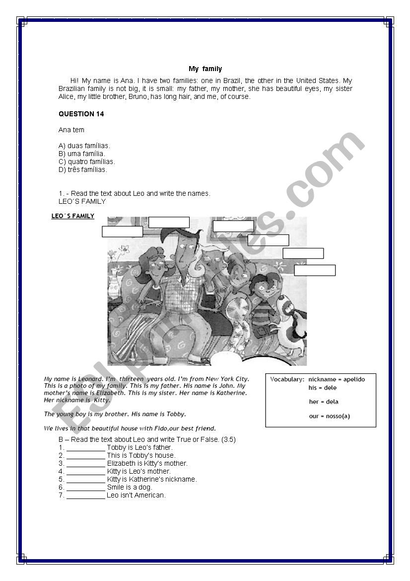 ENGLLISH TEST FAMILY worksheet