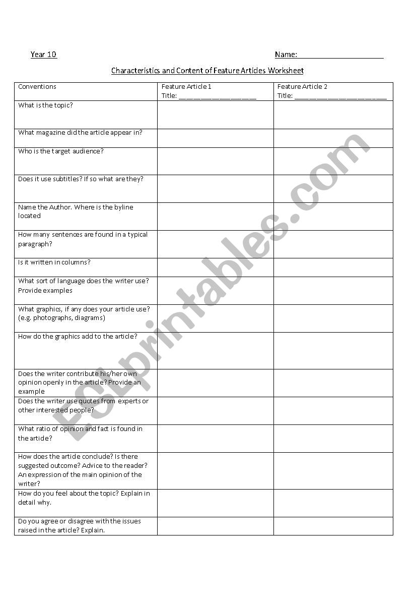 Characteristics and Content of Feature Articles Worksheet