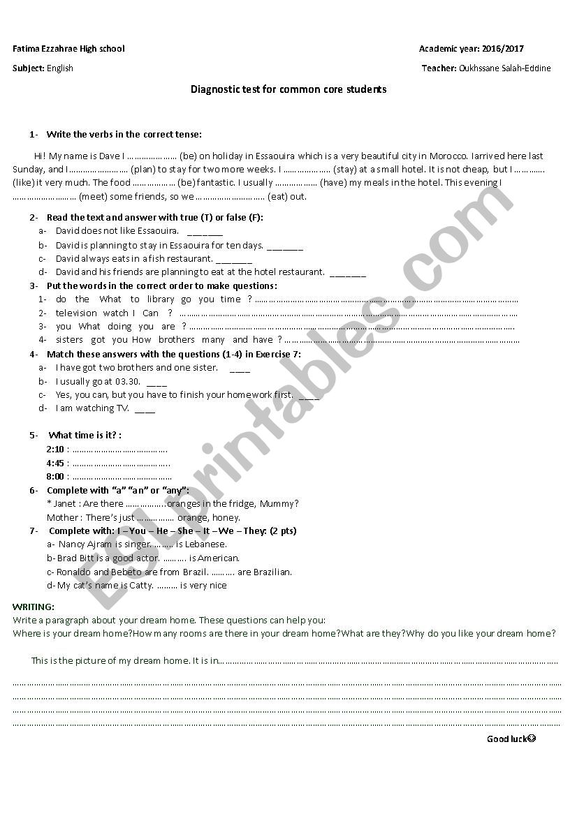 Diagnostic test  worksheet