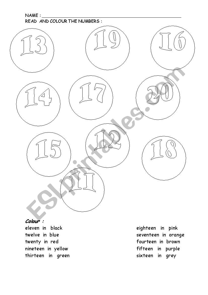 COLOUR THE NUMBERS 11 20 ESL Worksheet By Chusesl