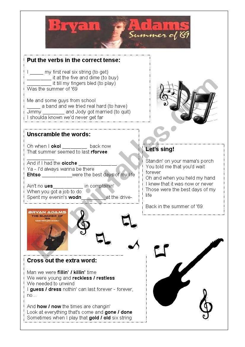 Summer of 69 by Brian Adams: English ESL worksheets pdf & doc