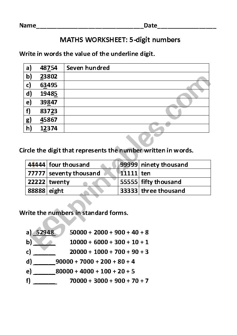 5 digit numbers esl worksheet by ngannt93