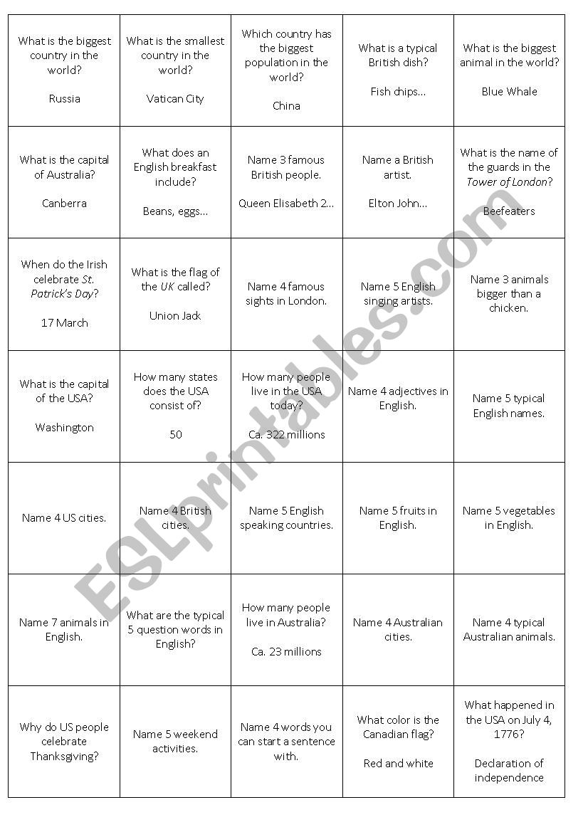 Quiz cards worksheet