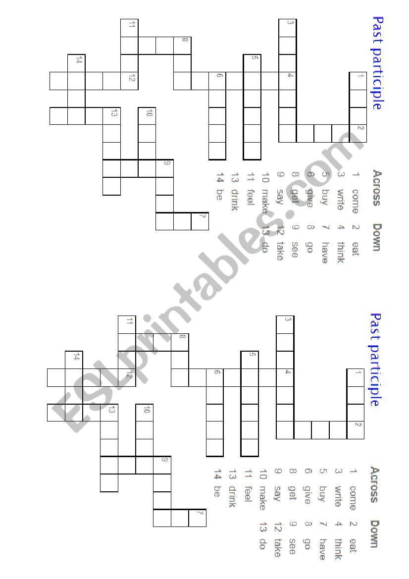 past participle crosswords worksheet