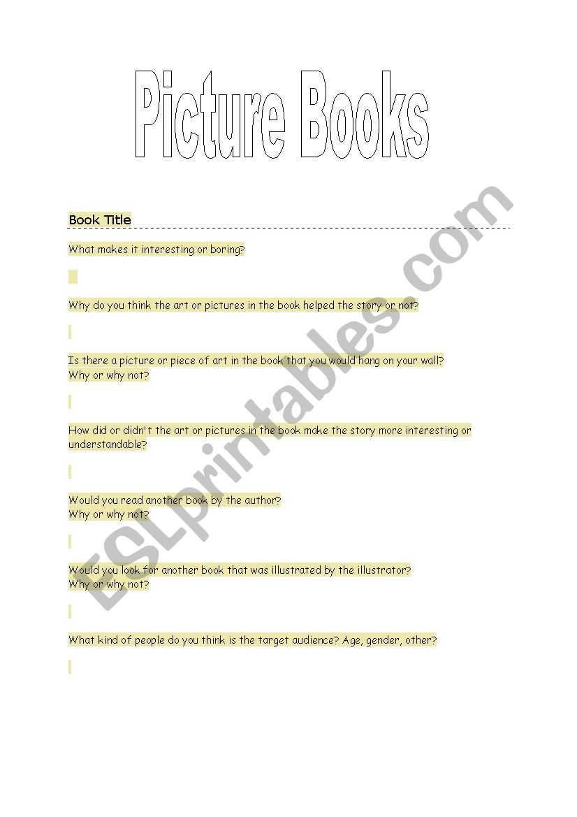 Picture Book Questionnaire worksheet