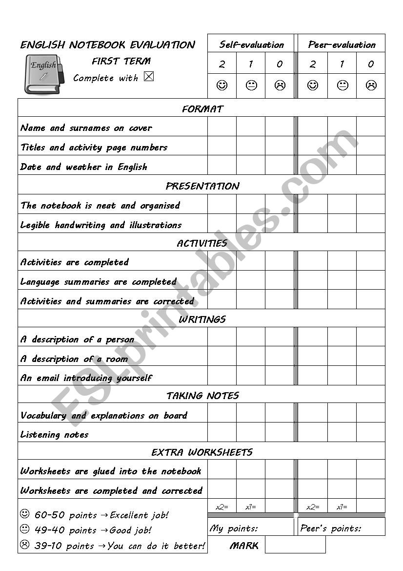Student notebook self-assessment - ESL worksheet by cmelalv410