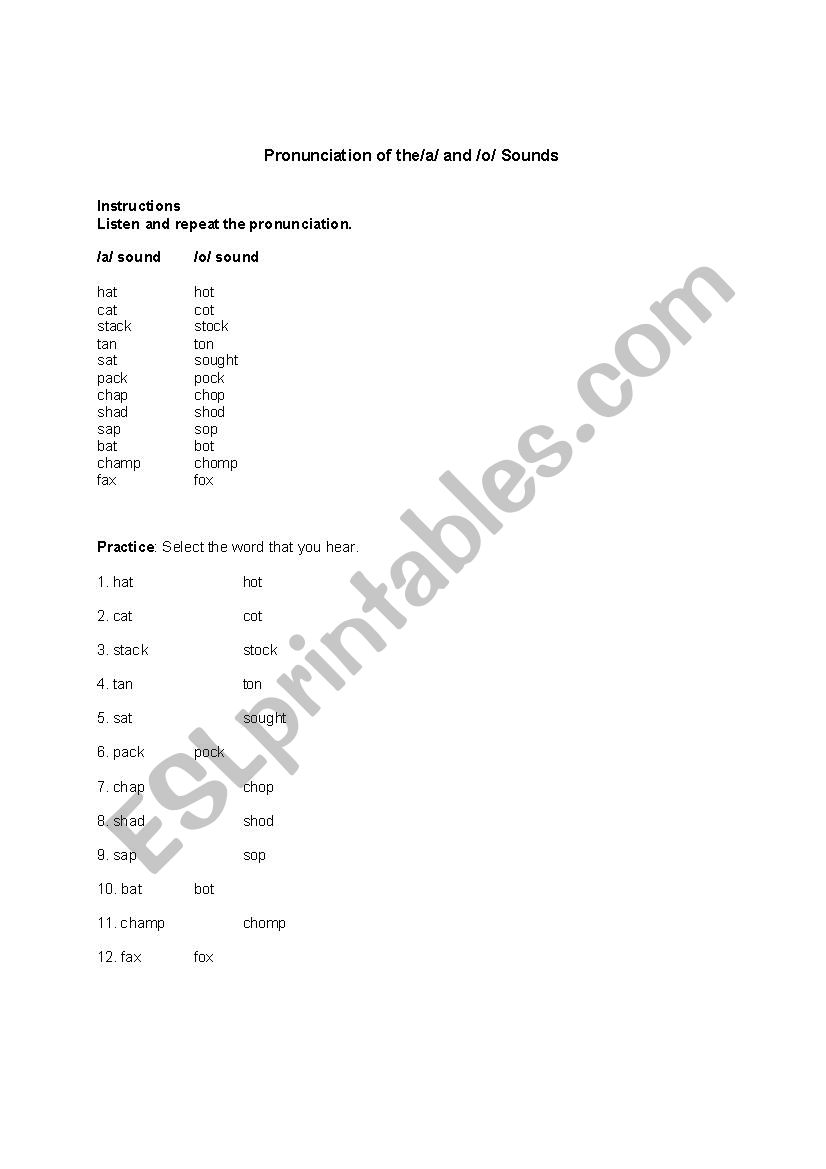 Pronunciation A vs. O worksheet