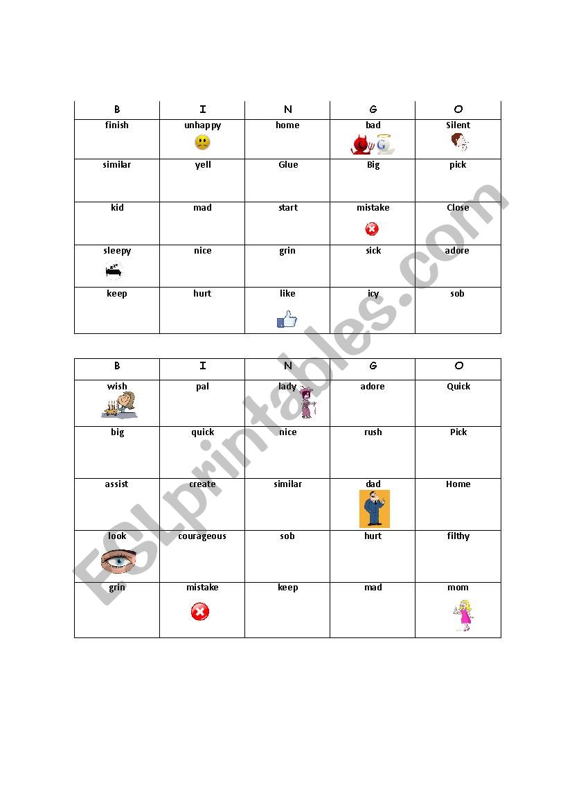 Bingo of synonyms worksheet