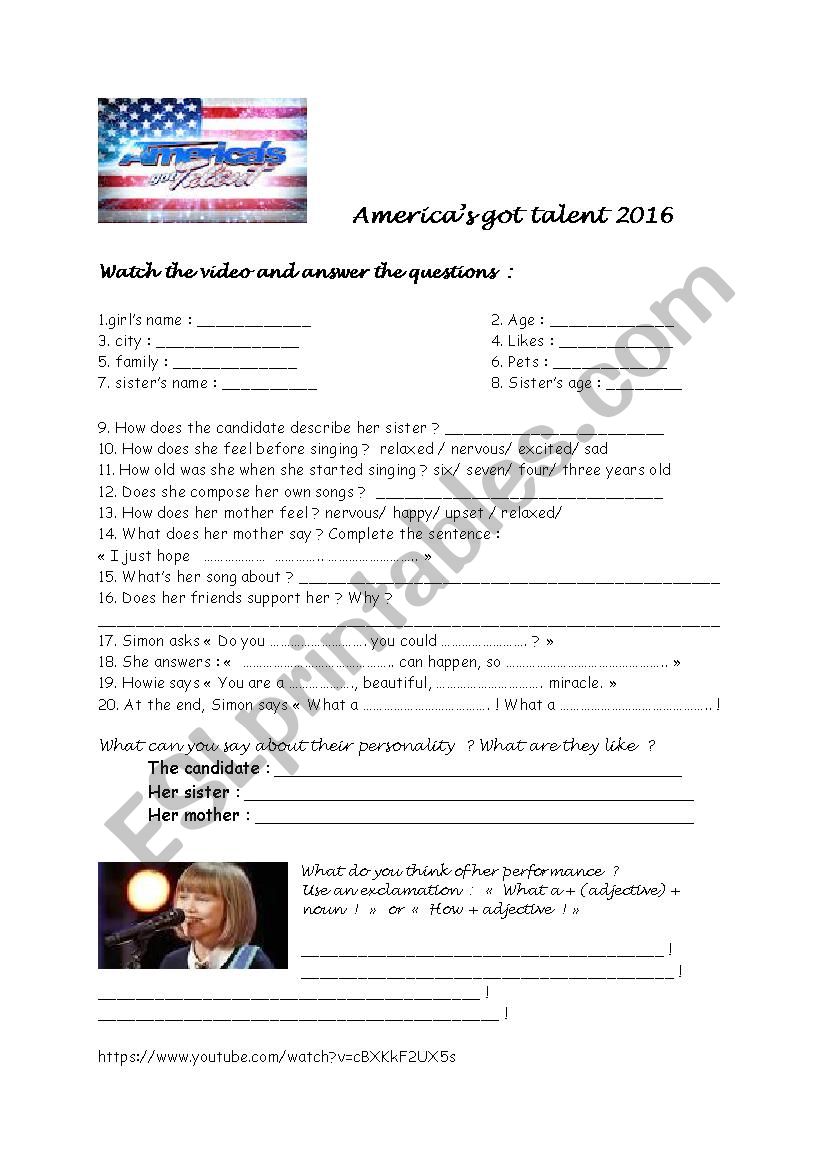 America´s got talent/ Grace - ESL worksheet by Malia71