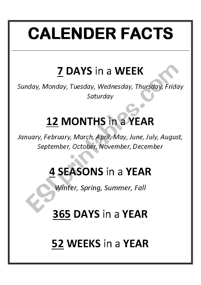 Calendar Facts ESL worksheet by L Ledesma
