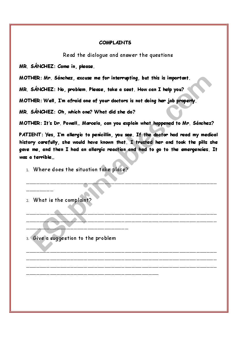 complaints worksheet