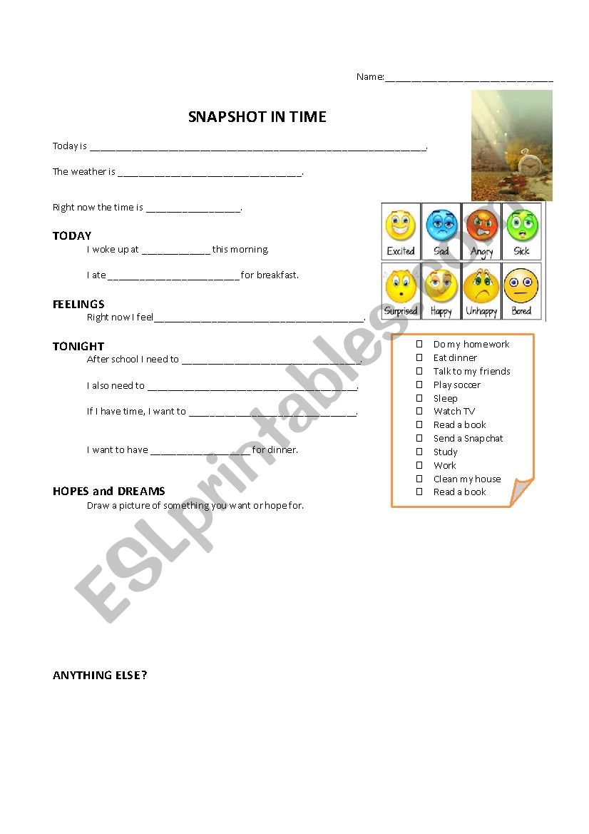 Snapshot in time worksheet