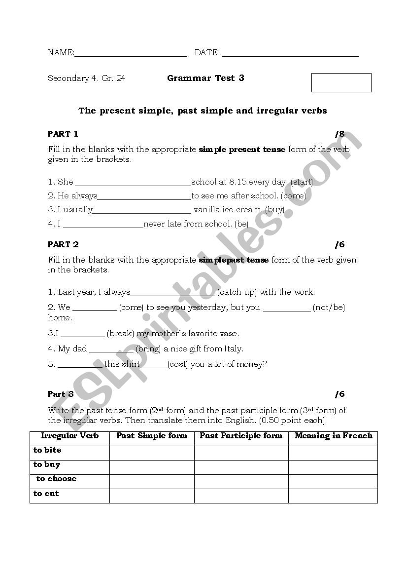 Grammar Test Present and Past Simple & Irregular Verb forms