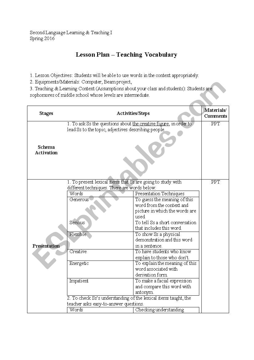 Vocabulary Lesson Plan ESL Worksheet By Chaldi823