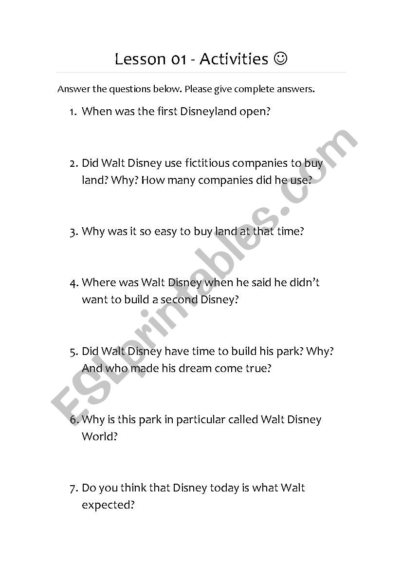 Disney lesson worksheet