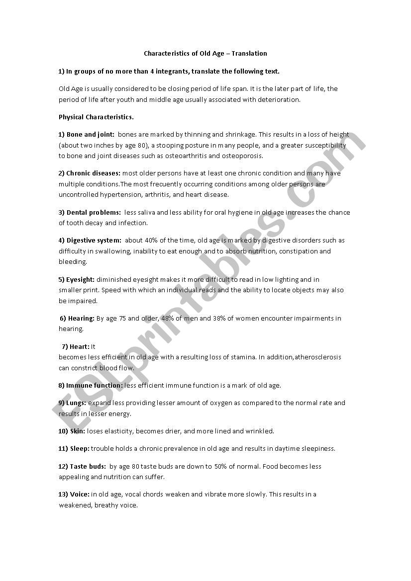 Characteristics of Old Age worksheet