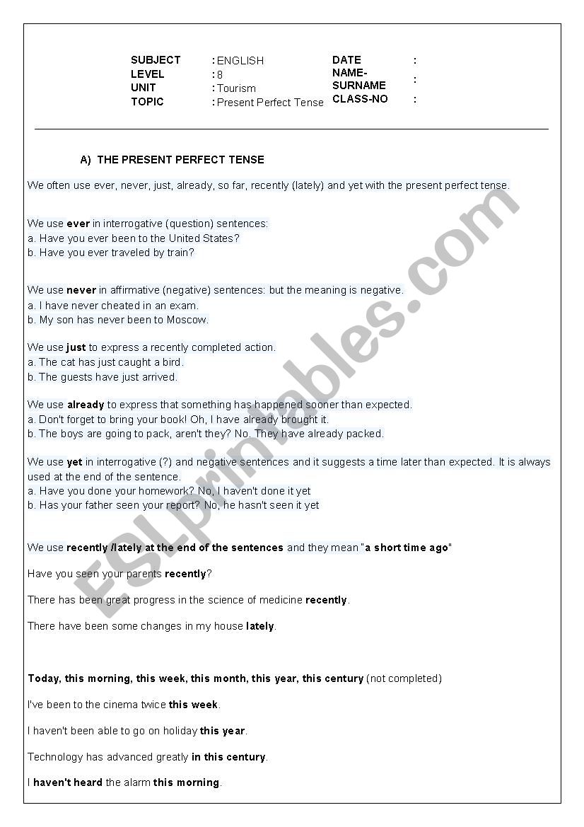 Present Perfect Simple worksheet