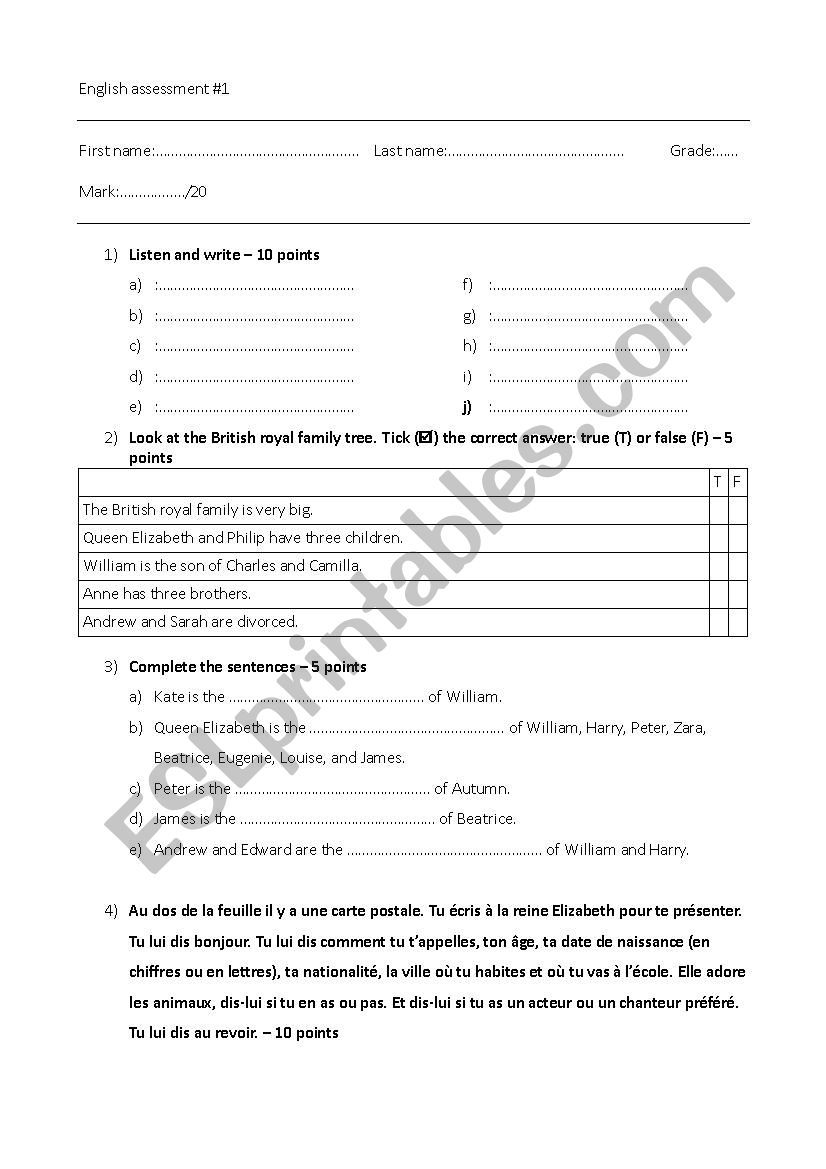 English assessment Family worksheet