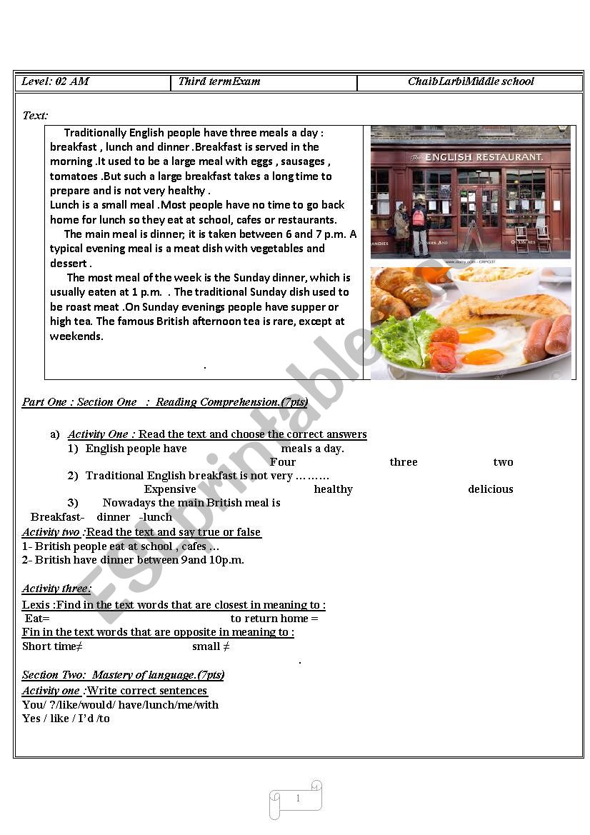 meals - ESL worksheet by ninaone33