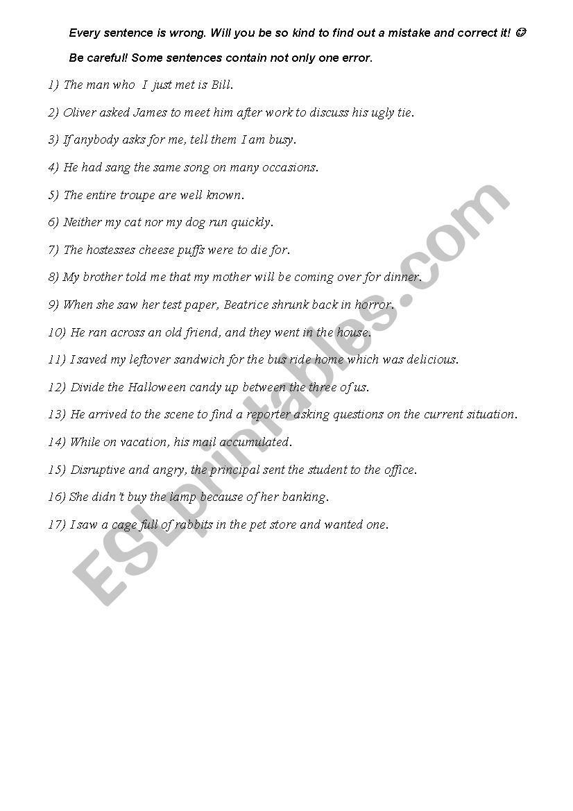 Tricky mistakes worksheet