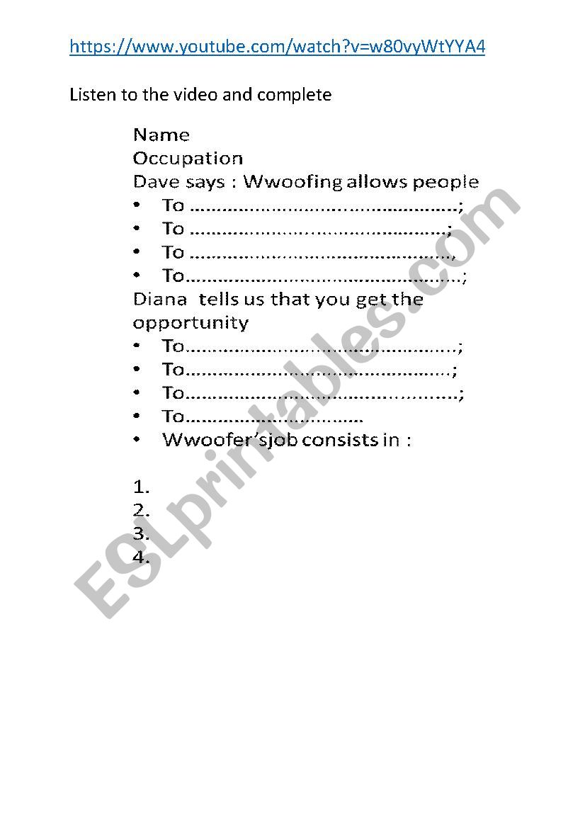 WWoofing  worksheet