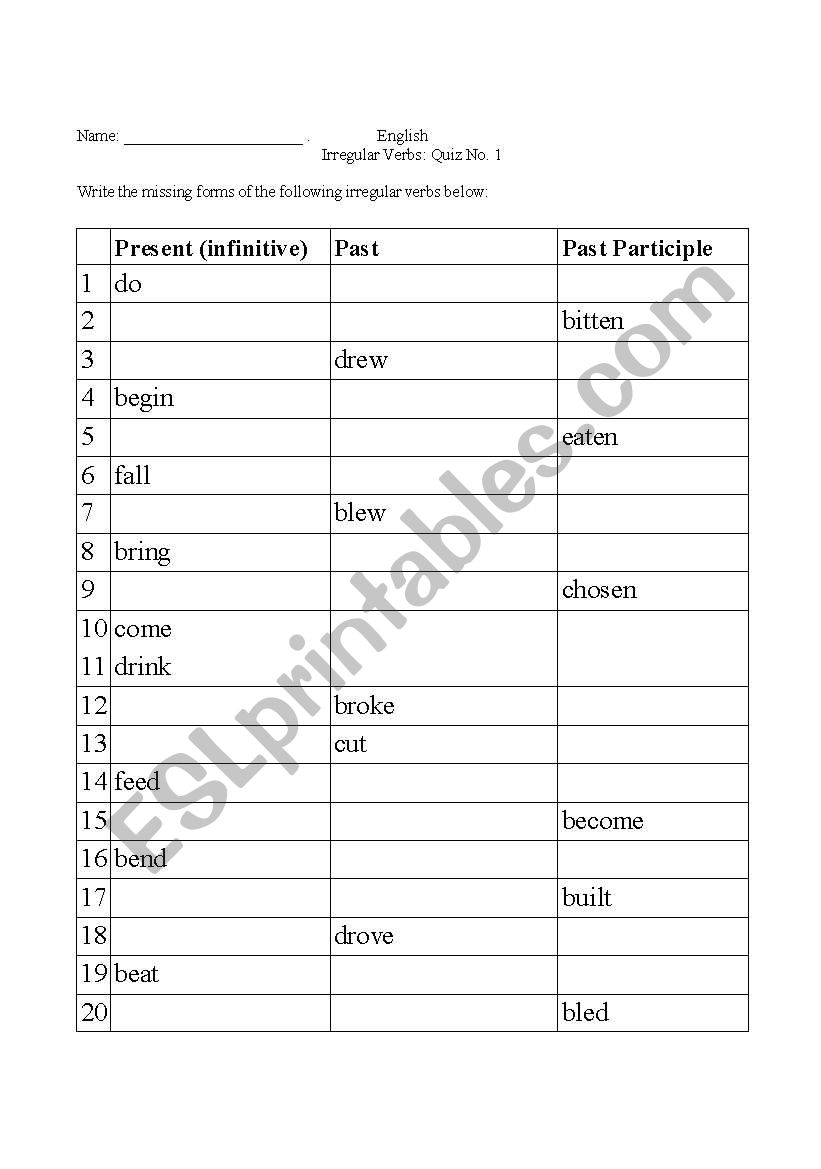 Irregular Verbs worksheet