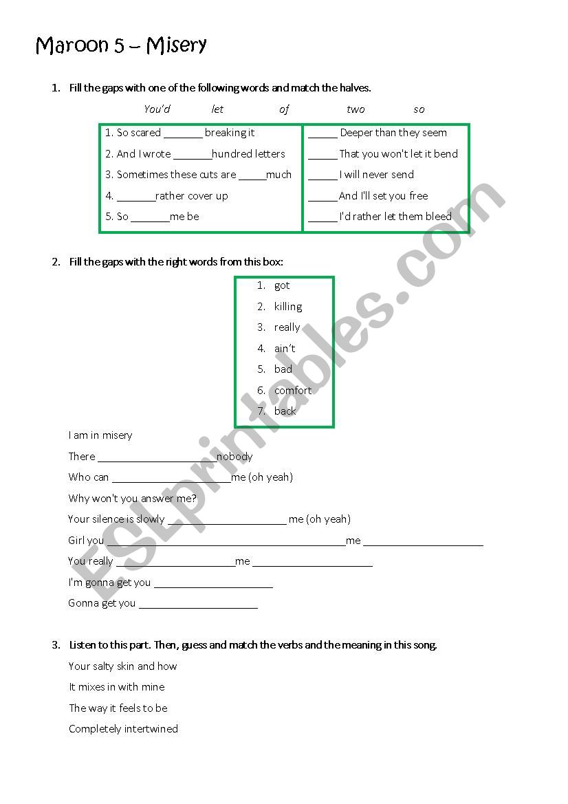 Misery - Maroon 5 worksheet