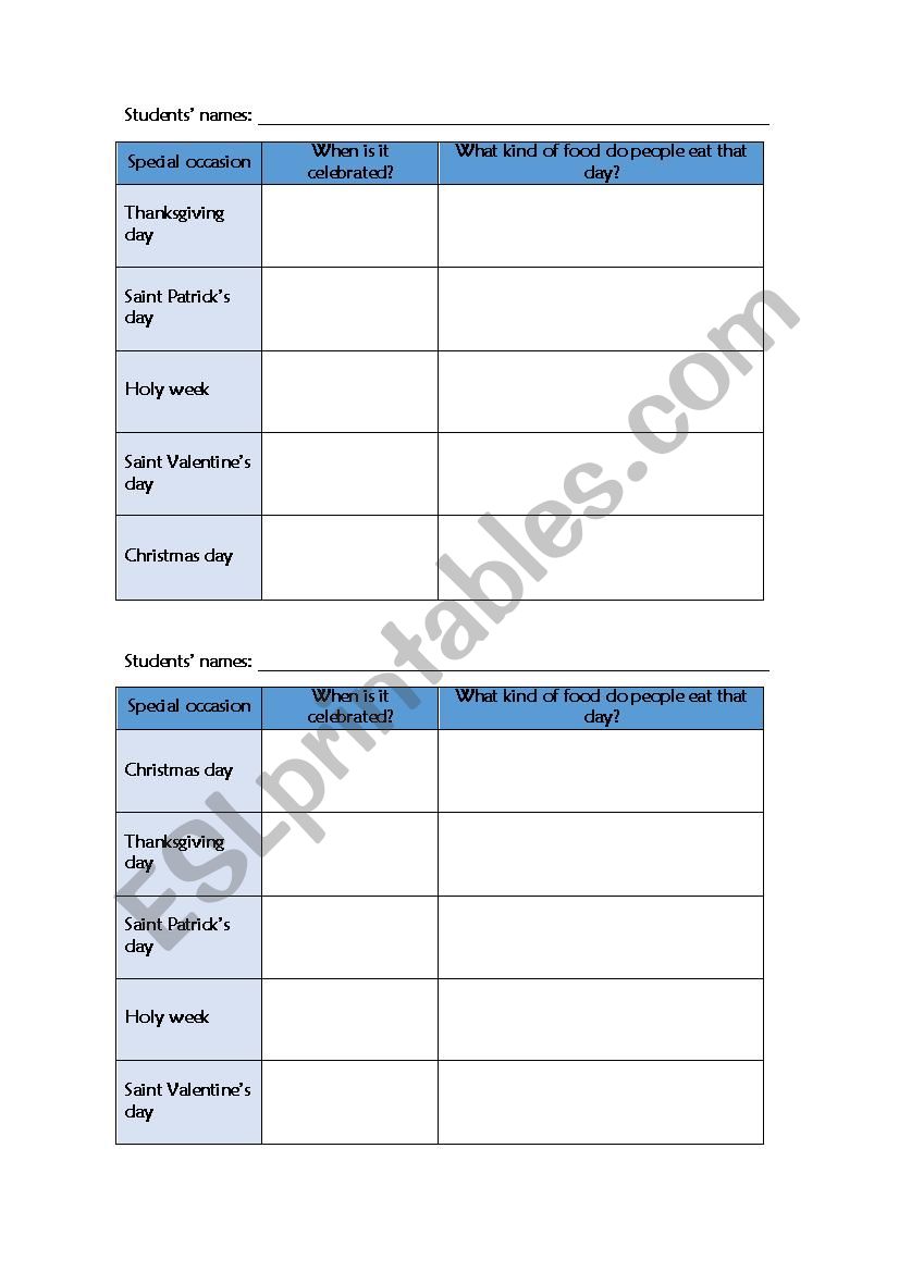 SPECIAL OCCASIONS CHARTS worksheet