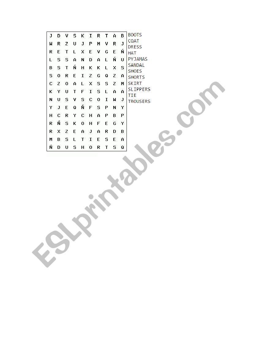 clothes wordsearch puzzle worksheet